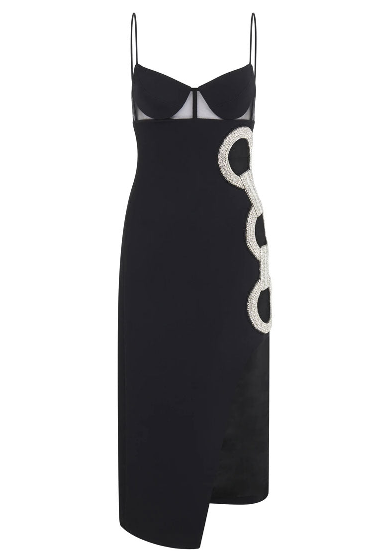 Rhinestone Sparkly Cutout Spaghetti Strap Bandage Midi Dress - Black