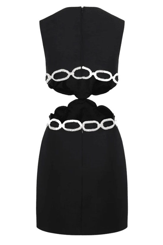 Shimmer Rhinestone Cutout Side Pocket Bandage Sleeveless Party Mini Dress - Black