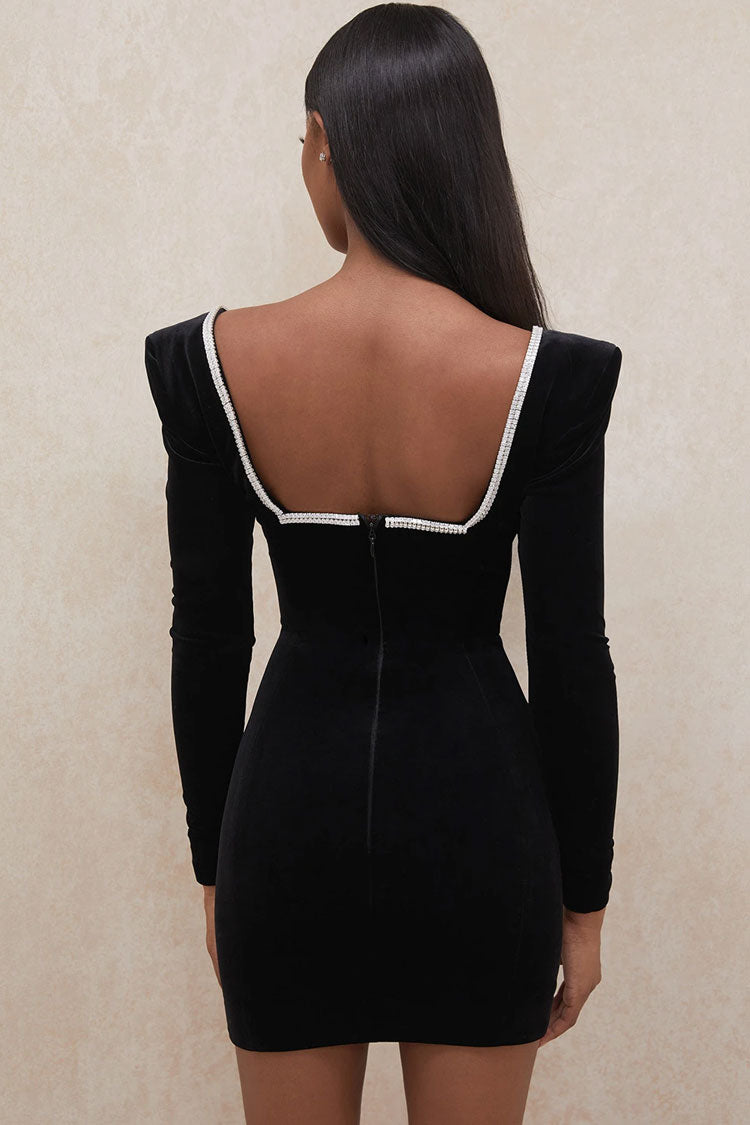 Shimmer Rhinestone Deep V Long Sleeve Velvet Mini Dress - Black