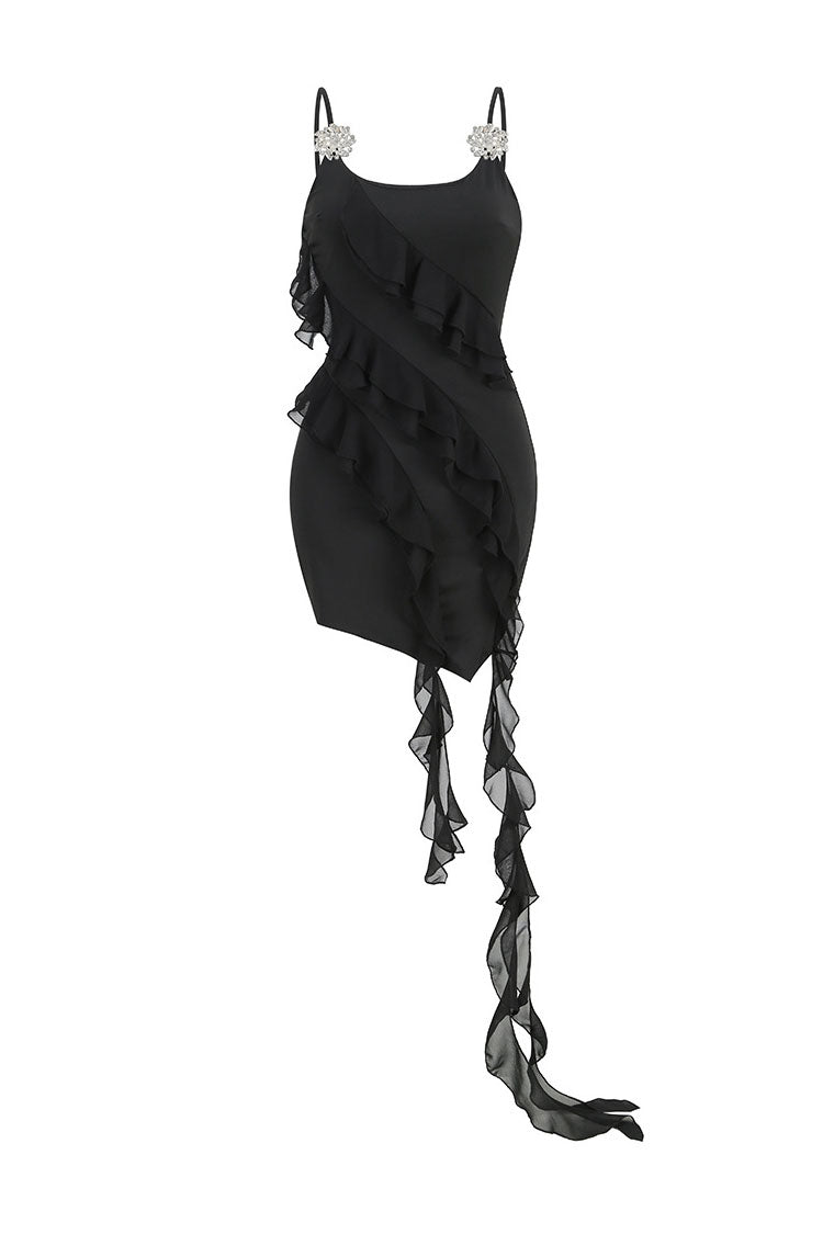 Sequined Rhinestone Flower Brooch Sleeveless Draped Ruffle Party Mini Dress - Black