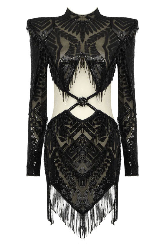 Glam Rhinestone Flower Sequin Sheer Mesh Fringe Micro Mini Party Mini Dress - Black