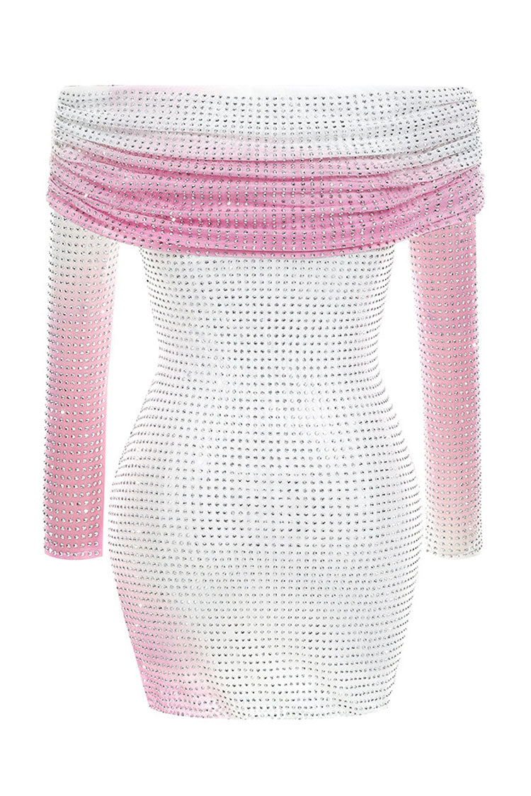 Glam Rhinestone Foldover Off Shoulder Ombre Mesh Party Mini Dress - Pink
