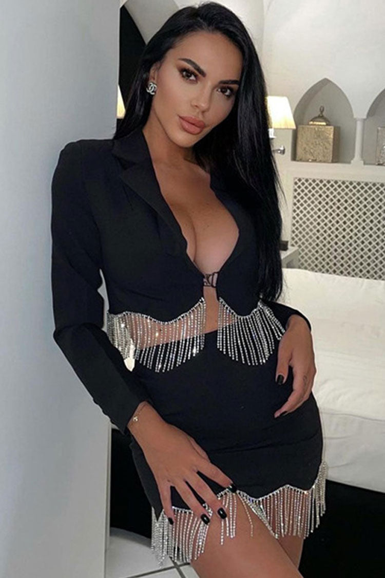 Glam Rhinestone Fringe Crop Blazer High Waist Skirt Two Piece Mini Dress - Black