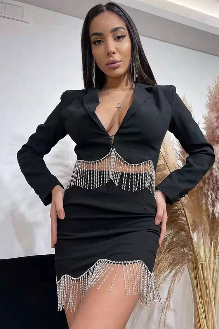 Glam Rhinestone Fringe Crop Blazer High Waist Skirt Two Piece Mini Dress - Black