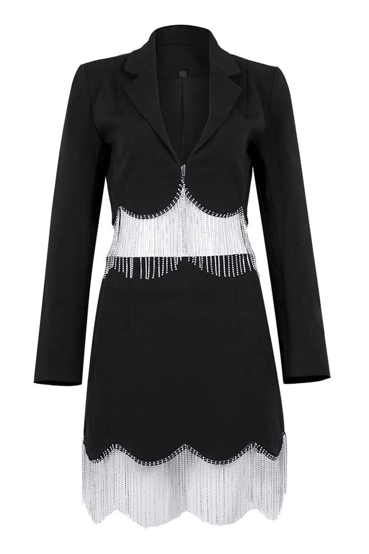 Glam Rhinestone Fringe Crop Blazer High Waist Skirt Two Piece Mini Dress - Black