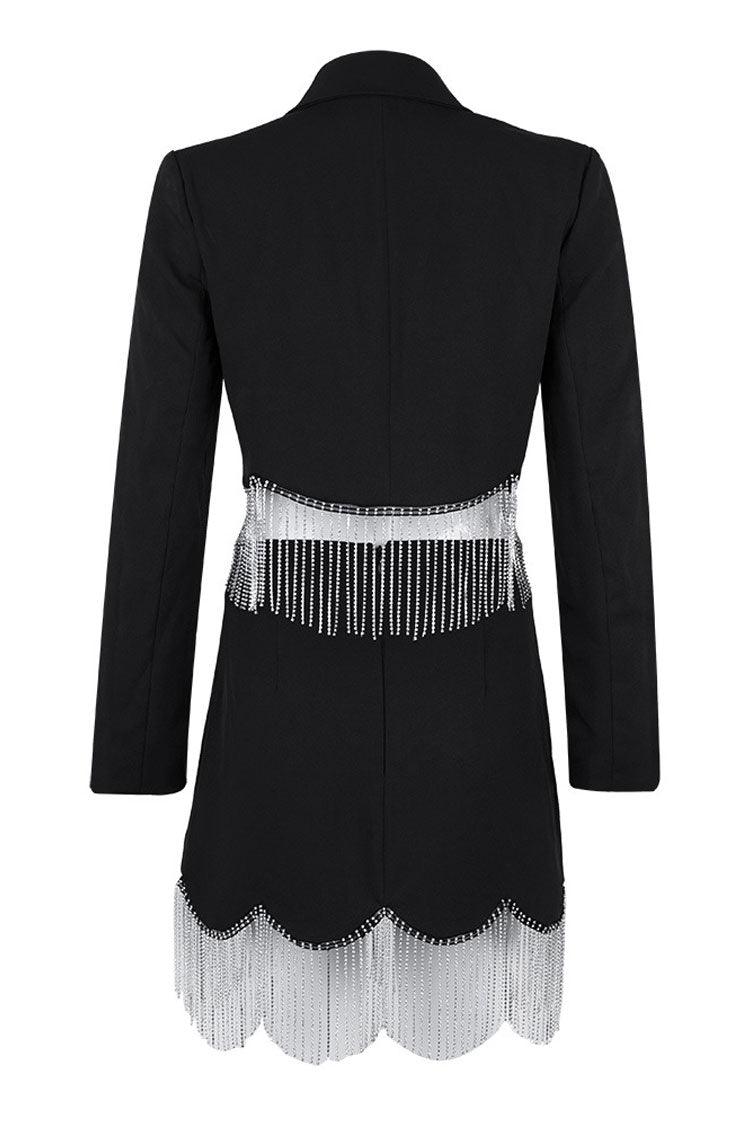 Glam Rhinestone Fringe Crop Blazer High Waist Skirt Two Piece Mini Dress - Black