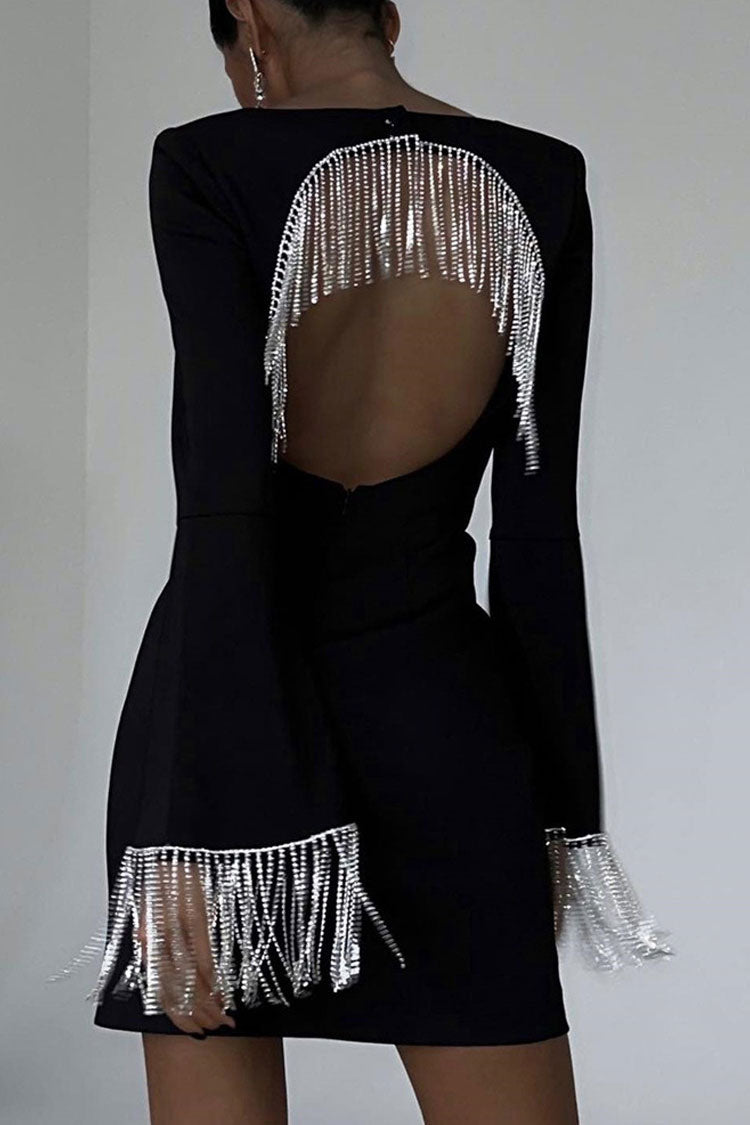 Sequined Rhinestone Fringe Cutout Square Neck Long Sleeve Party Mini Dress - Black