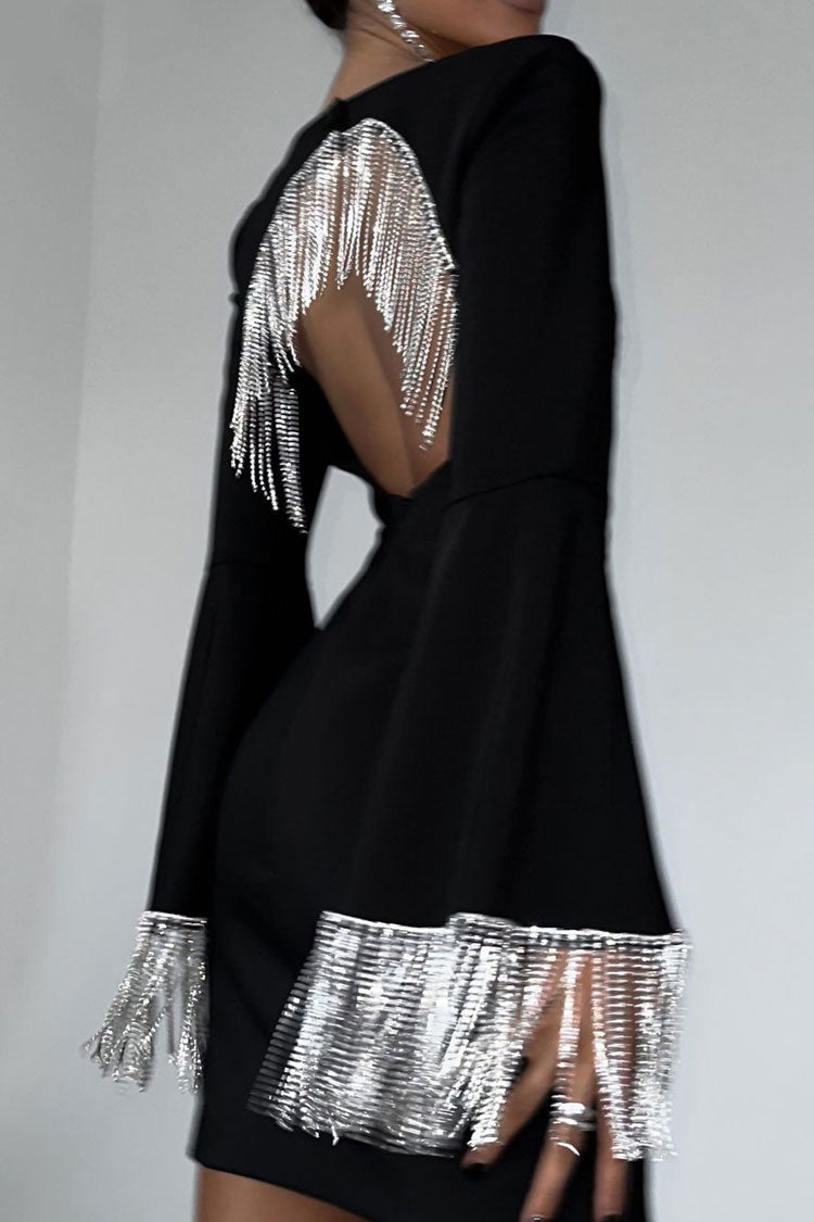 Sequined Rhinestone Fringe Cutout Square Neck Long Sleeve Party Mini Dress - Black