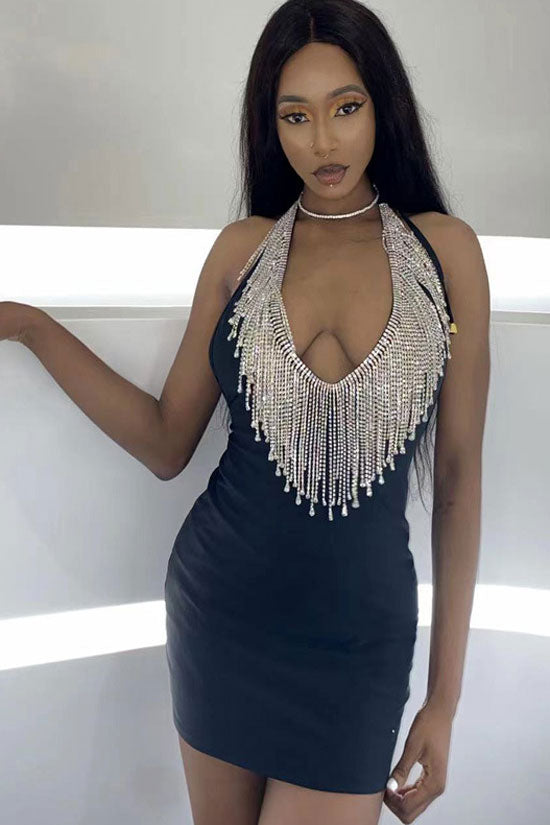 Glam Rhinestone Fringe Deep V Neck Halter Bodycon Party Mini Dress - Black