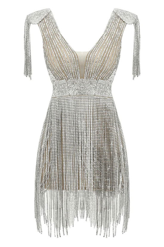 Shimmer Rhinestone Fringe Shoulder Pad Deep V Bodycon Party Mini Dress - Silver