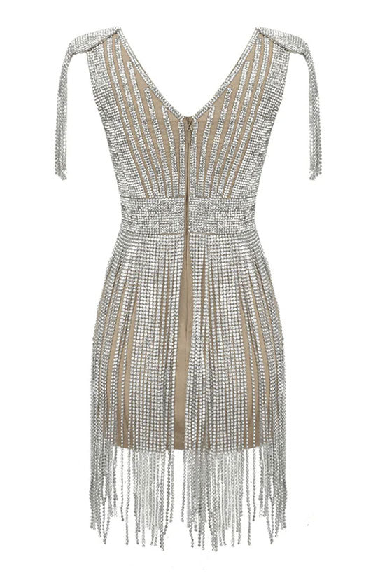 Shimmer Rhinestone Fringe Shoulder Pad Deep V Bodycon Party Mini Dress - Silver
