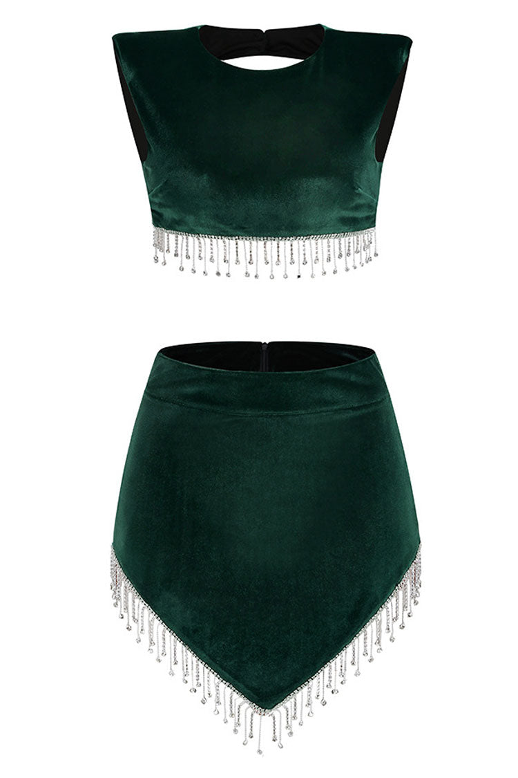 Sequined Rhinestone Fringe Velvet Two Piece Mini Dress - Emerald Green
