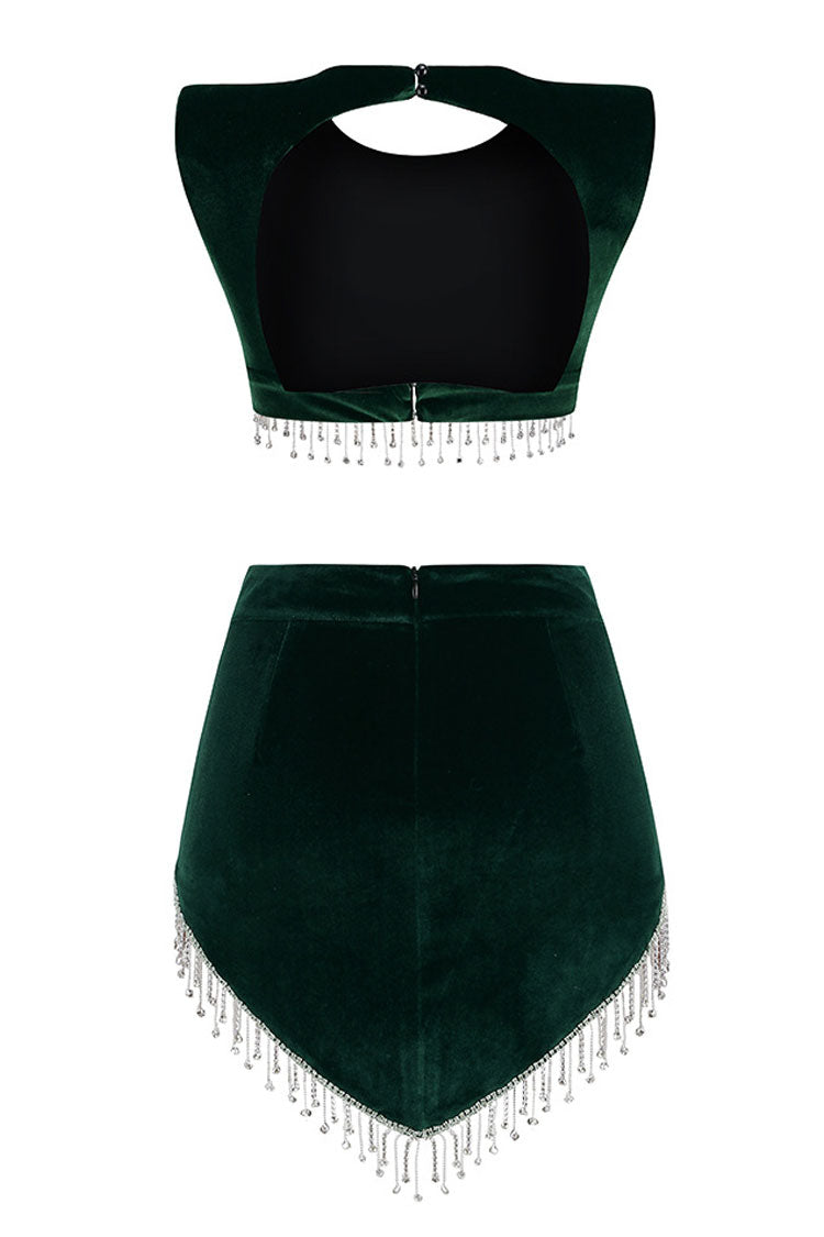 Sequined Rhinestone Fringe Velvet Two Piece Mini Dress - Emerald Green