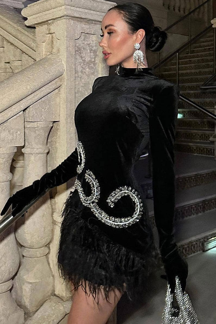 Sequined Rhinestone Glove Long Sleeve Faux Feather Velvet Party Mini Dress - Black