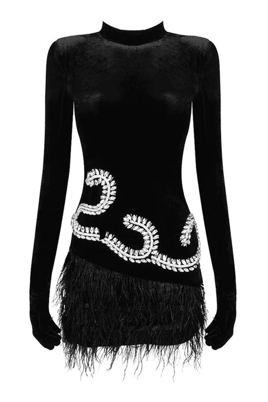 Sequined Rhinestone Glove Long Sleeve Faux Feather Velvet Party Mini Dress - Black