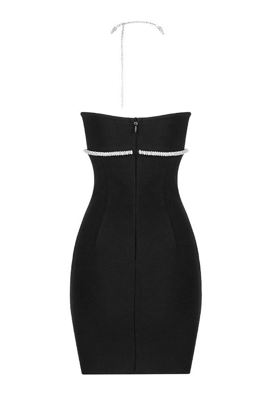 Sequined Rhinestone Halter Neck Bandage Cocktail Party Mini Dress - Black