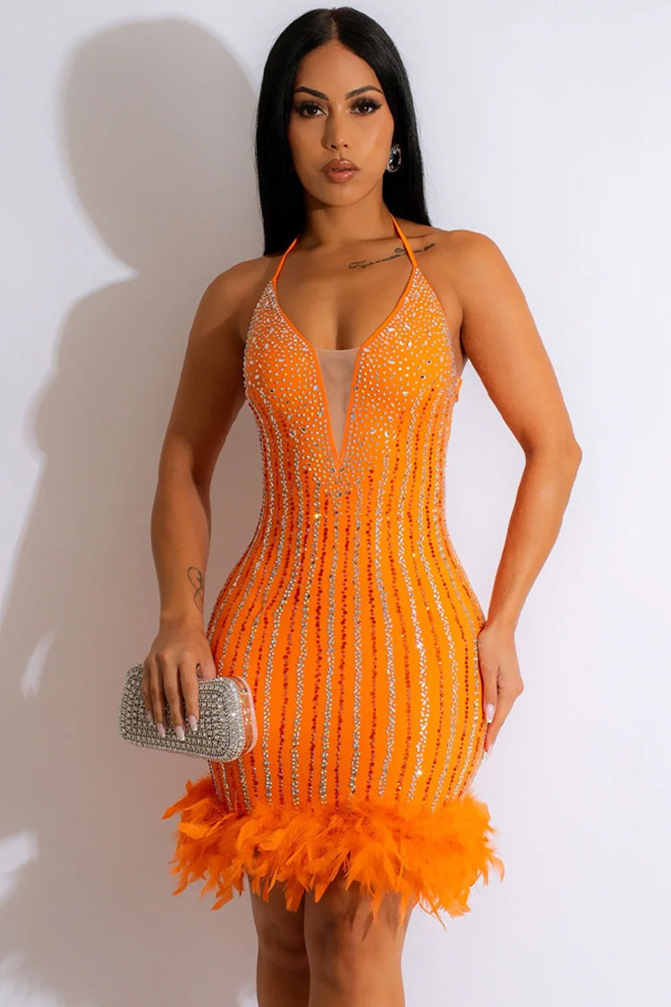Shimmer Rhinestone Halter Neck Bodycon Feather Trim Party Mini Dress - Orange