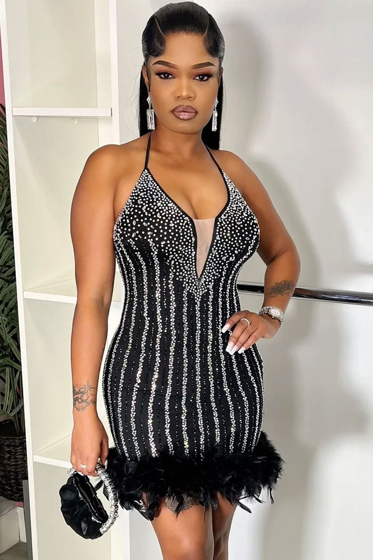 Glam Rhinestone Halter Neck Bodycon Feather Trim Party Mini Dress - Black