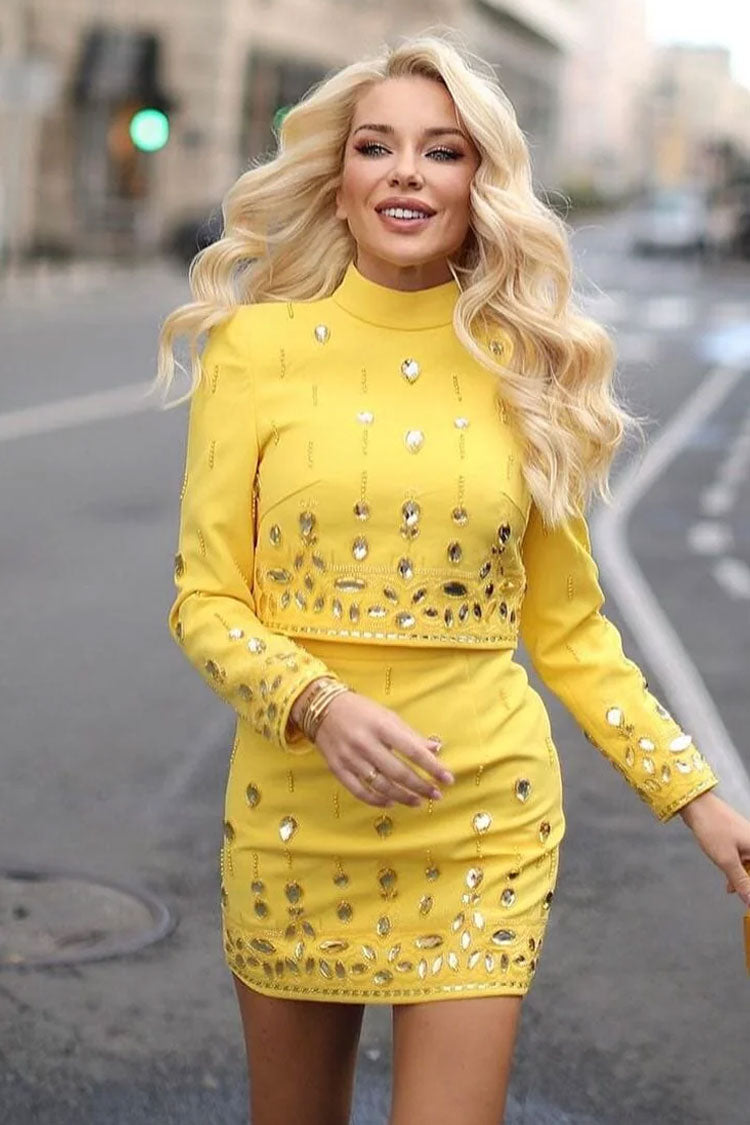 Glam Rhinestone High Neck Crop Top High Waist Two Piece Mini Dress - Yellow