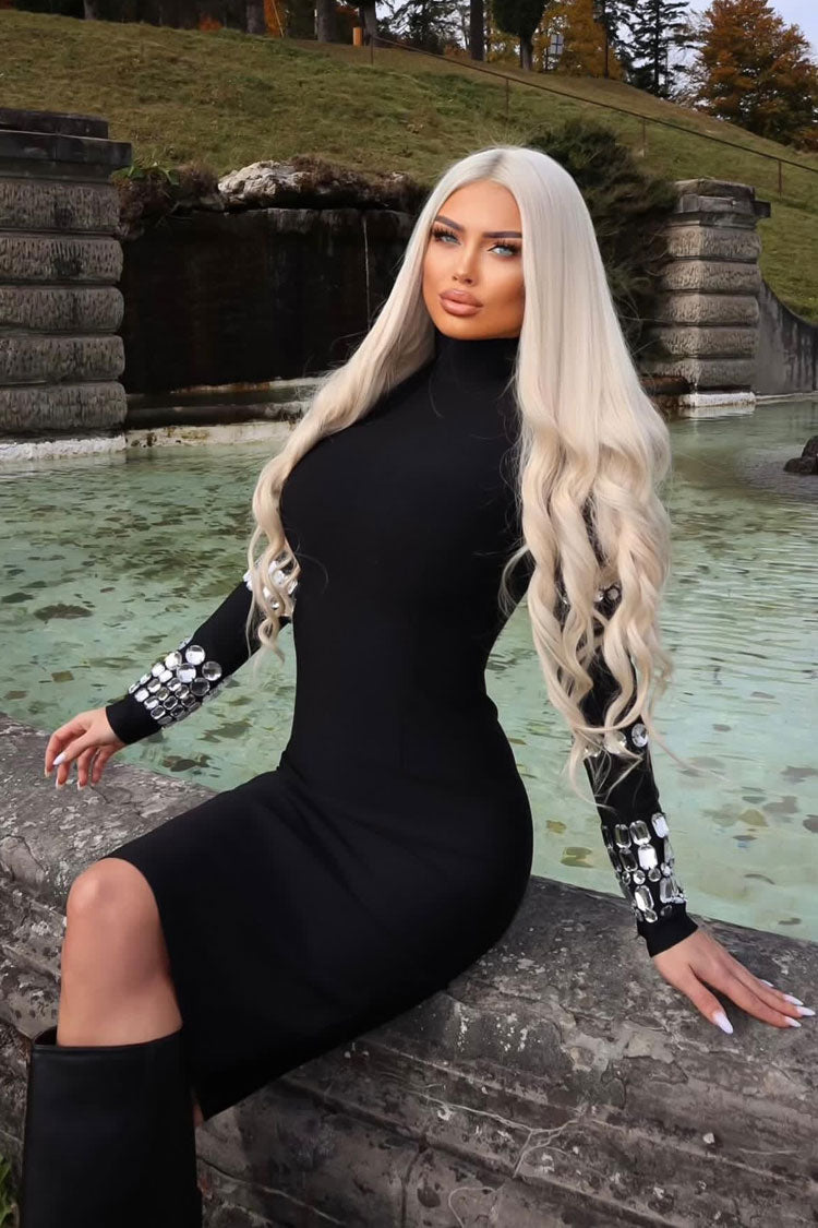 Rhinestone Sparkly High Neck Long Sleeve Bodycon Bandage Knit Midi Dress - Black