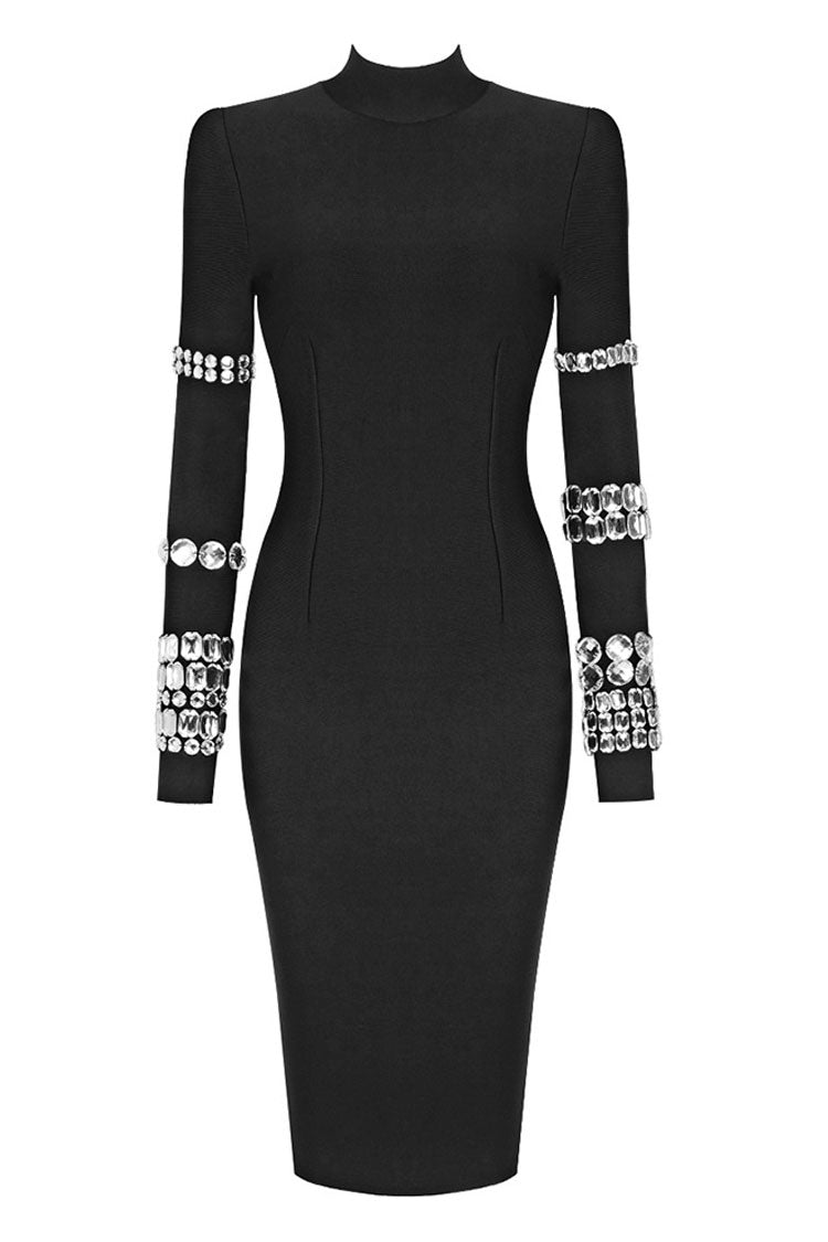 Rhinestone Sparkly High Neck Long Sleeve Bodycon Bandage Knit Midi Dress - Black