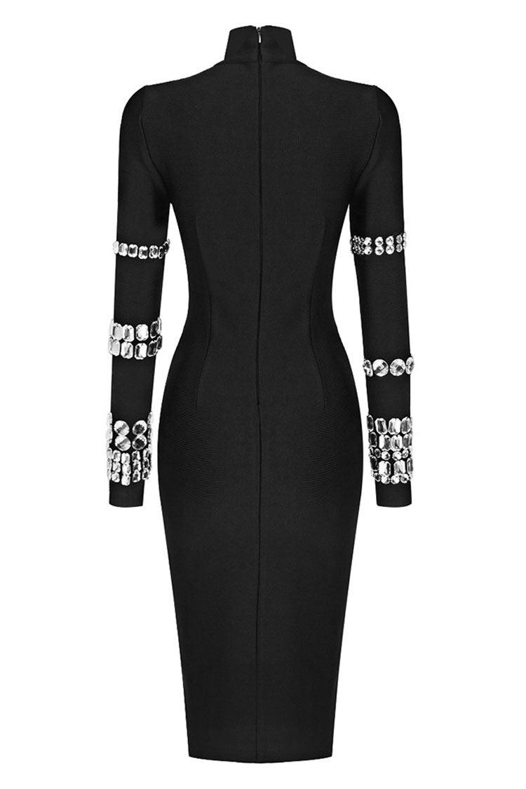 Rhinestone Sparkly High Neck Long Sleeve Bodycon Bandage Knit Midi Dress - Black