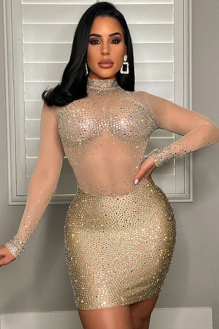 Shimmer Rhinestone High Neck Long Sleeve Mesh Panel Party Mini Dress - Apricot