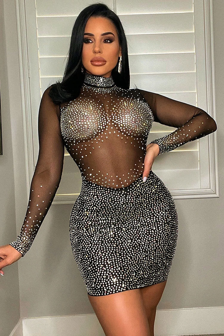 Sequined Rhinestone High Neck Long Sleeve Mesh Panel Party Mini Dress - Black