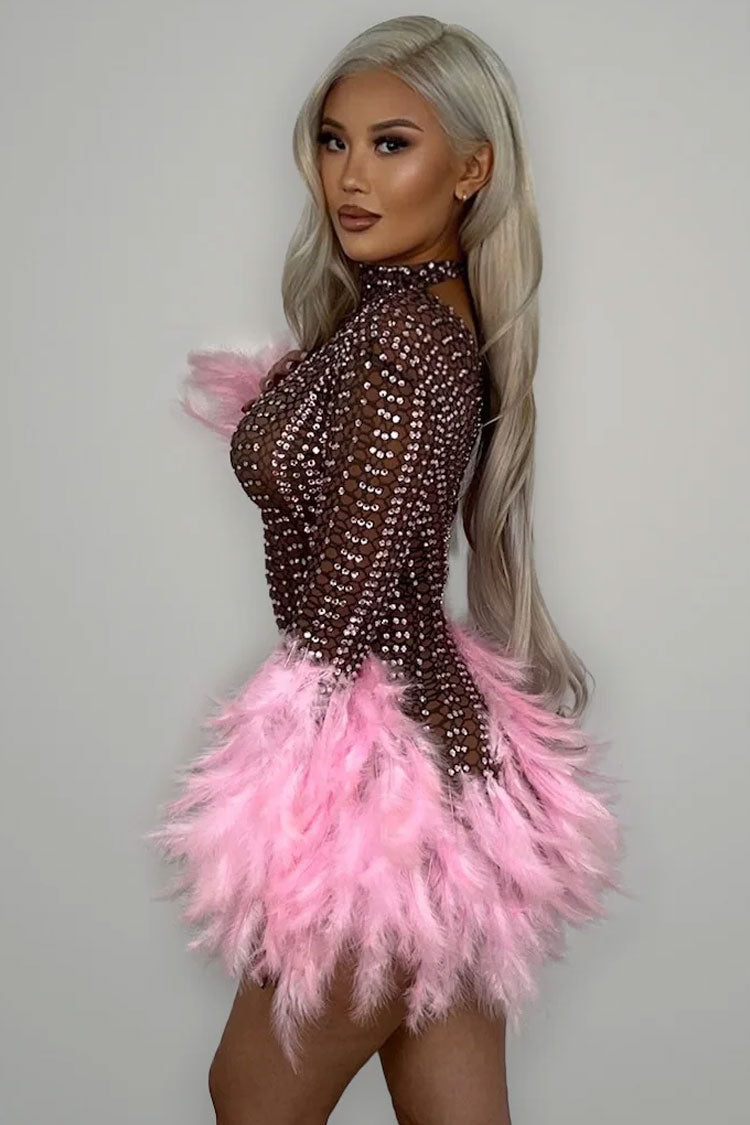 Shimmer Rhinestone High Neck Sheer Mesh Feather Trim Party Mini Dress - Pink
