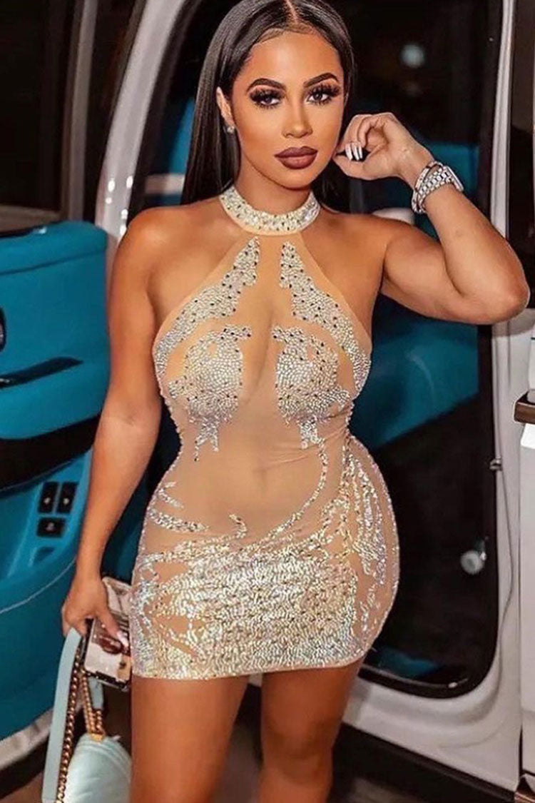 Glam Rhinestone High Neck Sleeveless Sheer Mesh Club Mini Dress - Apricot