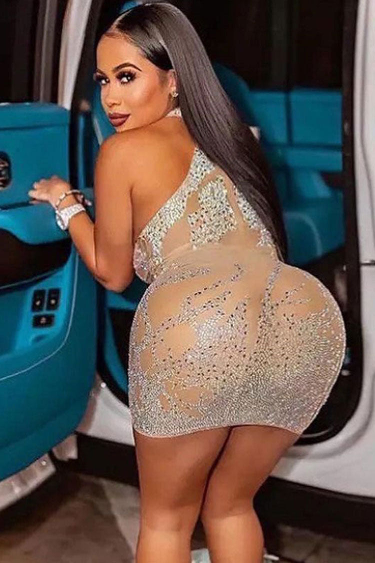 Glam Rhinestone High Neck Sleeveless Sheer Mesh Club Mini Dress - Apricot