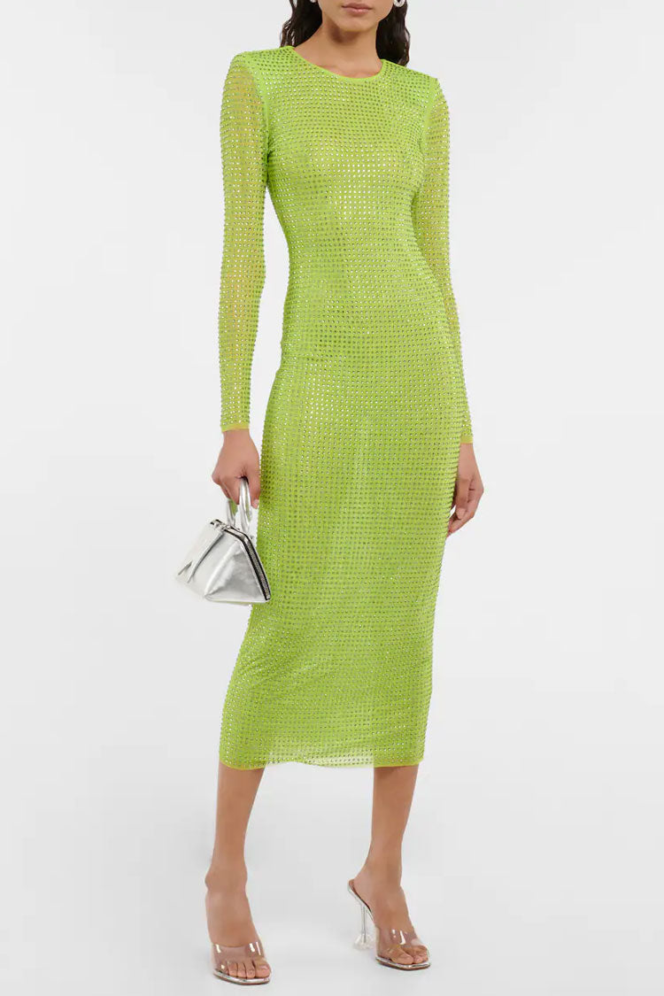 Rhinestone Sparkly Long Sleeve Bodycon Mesh Sheer Midi Dress - Sage Green