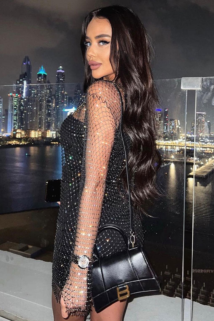 Shimmer Rhinestone Long Sleeve Fishnet Sheer Club Mini Dress - Black