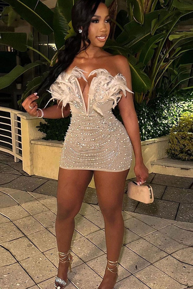 Shimmer Rhinestone Mesh Feather Deep V Strapless Party Mini Dress - Apricot