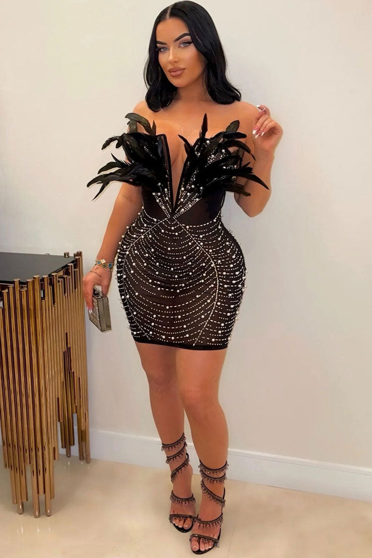 Sequined Rhinestone Mesh Feather Deep V Strapless Party Mini Dress - Black