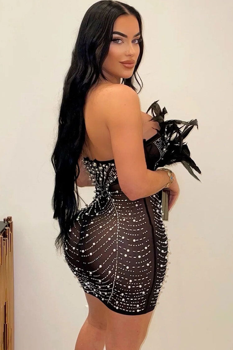 Sequined Rhinestone Mesh Feather Deep V Strapless Party Mini Dress - Black
