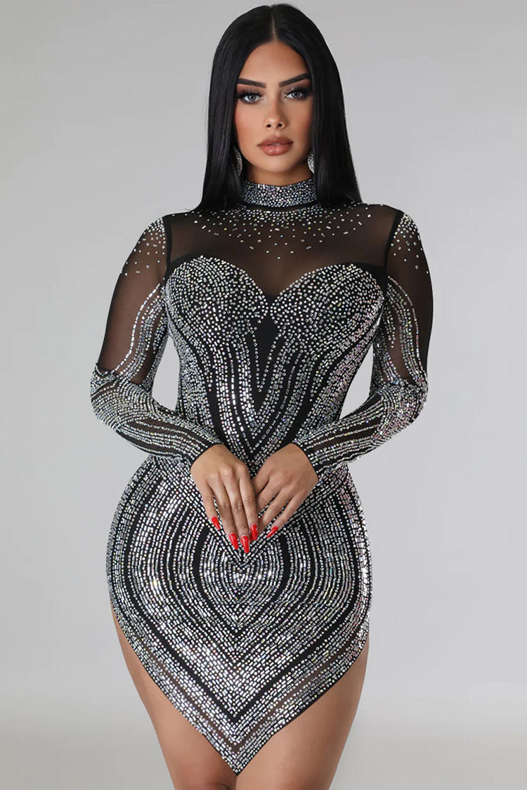 Shimmer Rhinestone Mock Neck Long Sleeve Hanky Hem Party Mini Dress - Black