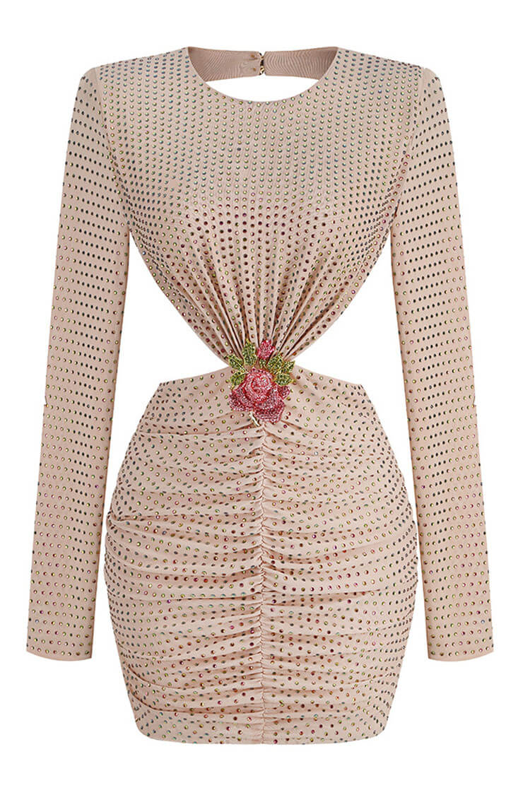 Shimmer Rhinestone Rosette Cutout Backless Mesh Ruched Party Mini Dress - Apricot