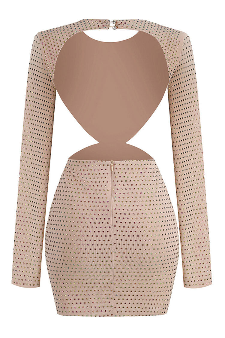 Shimmer Rhinestone Rosette Cutout Backless Mesh Ruched Party Mini Dress - Apricot
