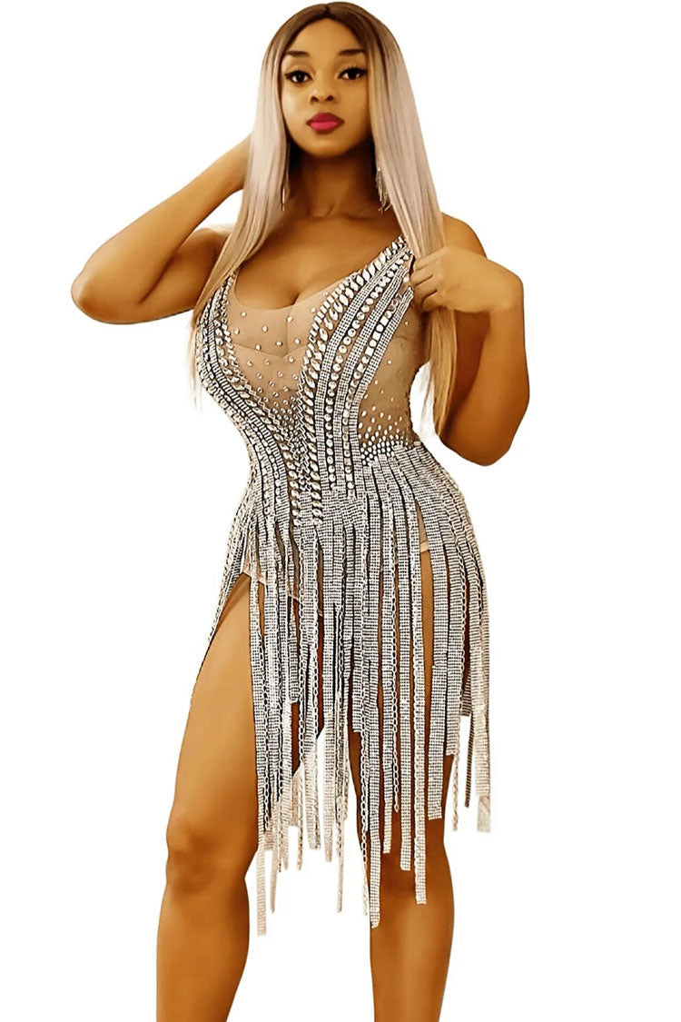 Glam Rhinestone Scoop Neck Sheer Mesh Fringe Romper Mini Dress - Silver