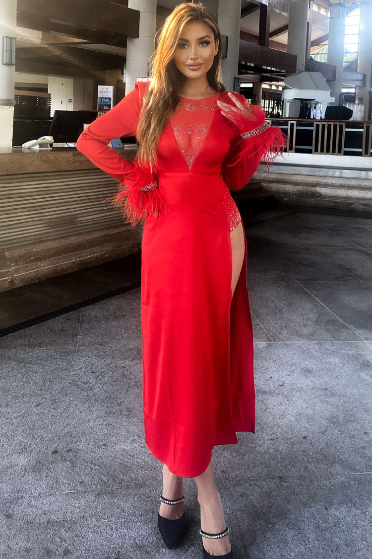 Sparkly Rhinestone Sheer Mesh Feather Trim Long Sleeve Split Evening Maxi Dress - Red