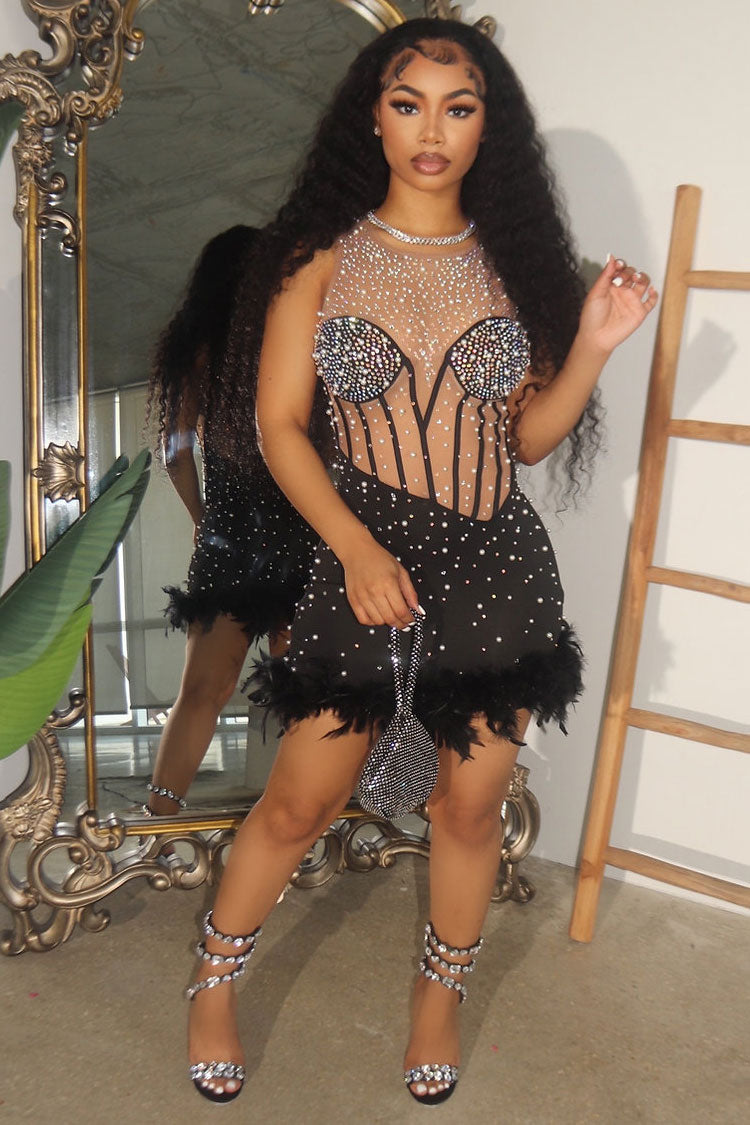 Shimmer Rhinestone Sheer Mesh Sleeveless Feather Trim Party Mini Dress - Black