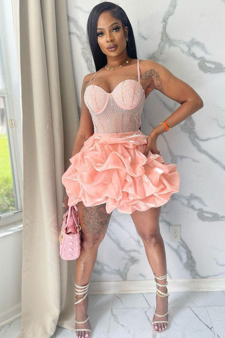 Sequined Rhinestone Sheer Mesh Sleeveless Ruffle Party Mini Dress - Pink