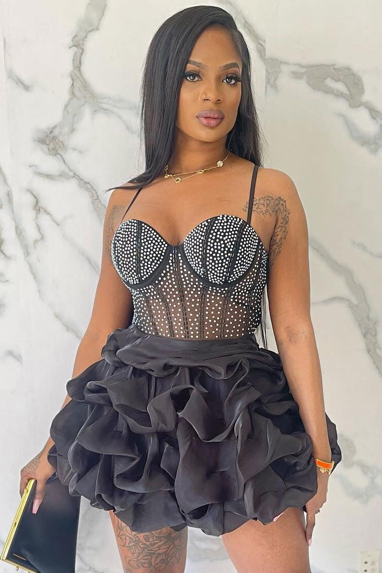 Shimmer Rhinestone Sheer Mesh Sleeveless Ruffle Party Mini Dress - Black