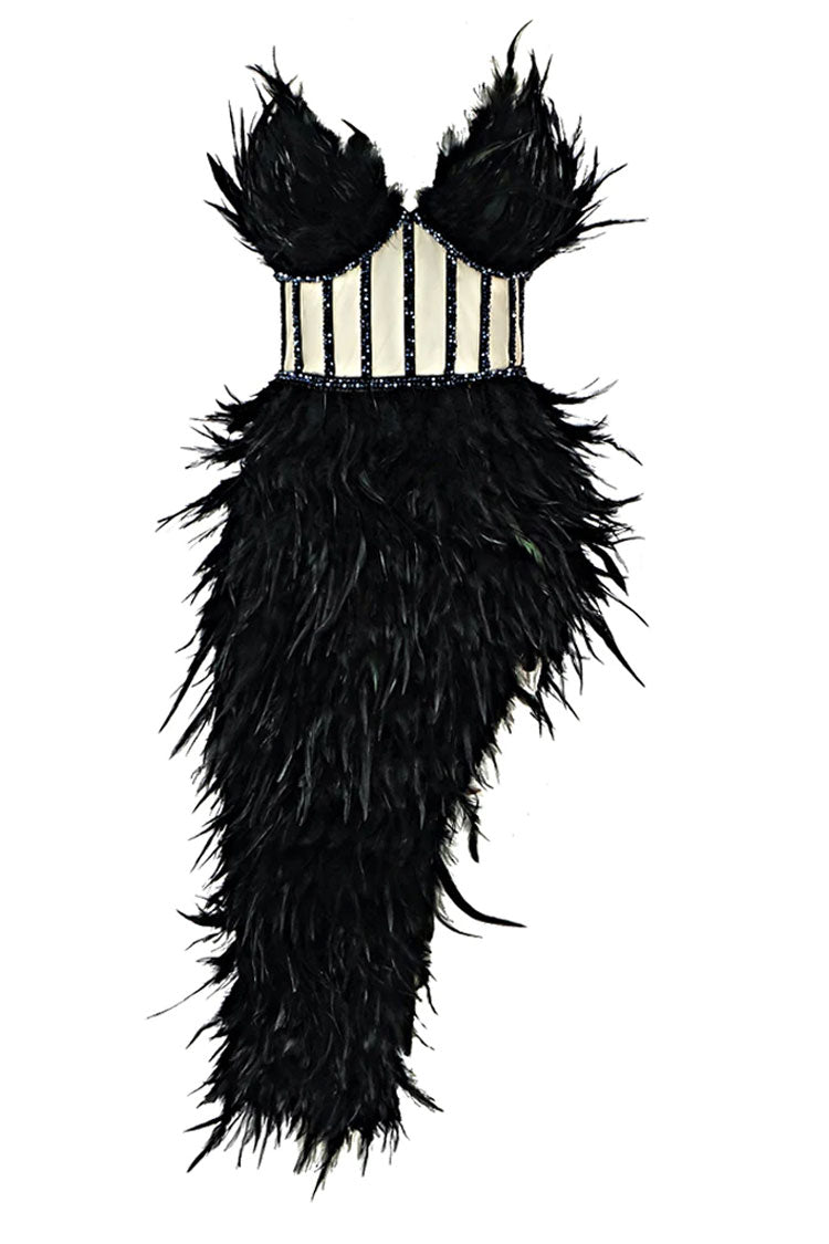 Rhinestone Sparkly Strapless Corset Feather Midi Dress - Black
