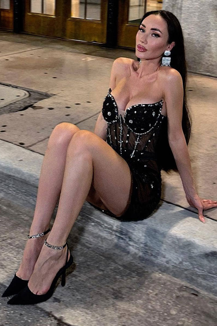 Sequined Rhinestone Strapless Ruched Sequin Mesh Corset Party Mini Dress - Black