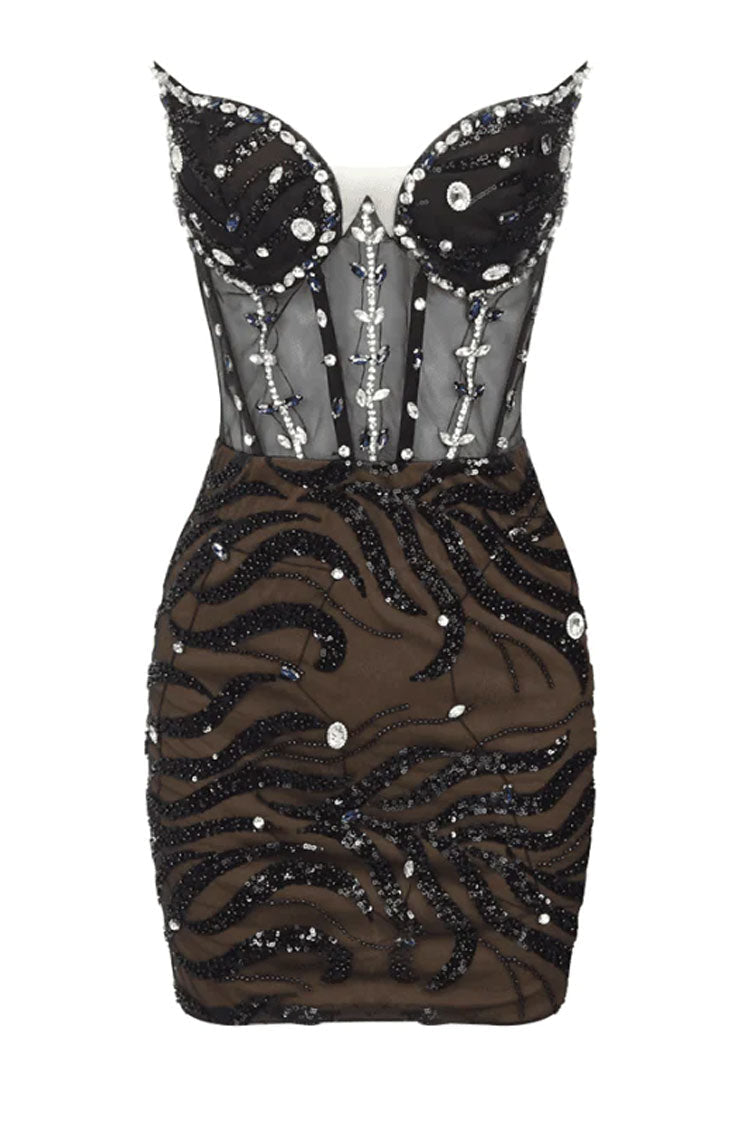 Sequined Rhinestone Strapless Ruched Sequin Mesh Corset Party Mini Dress - Black