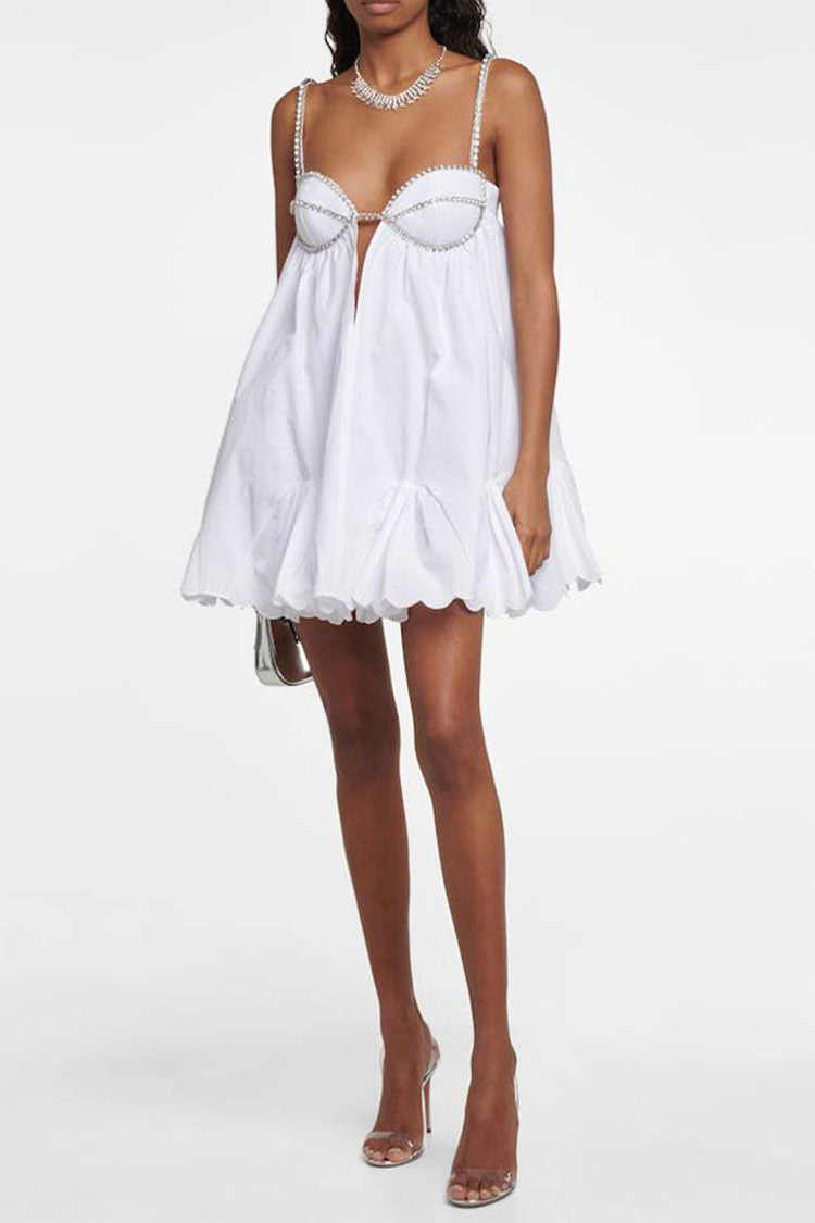 Sequined Rhinestone Sweetheart Cutout Ruffled Babydoll Slip Party Mini Dress - White