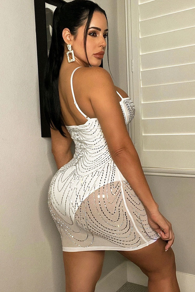 Sequined Rhinestone Sweetheart Neck Sheer Mesh Bodycon Party Mini Dress - White
