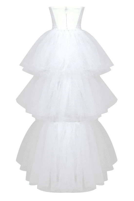 Shiny Rhinestone Tube Top Layered Tulle High Low Evening Dress - White